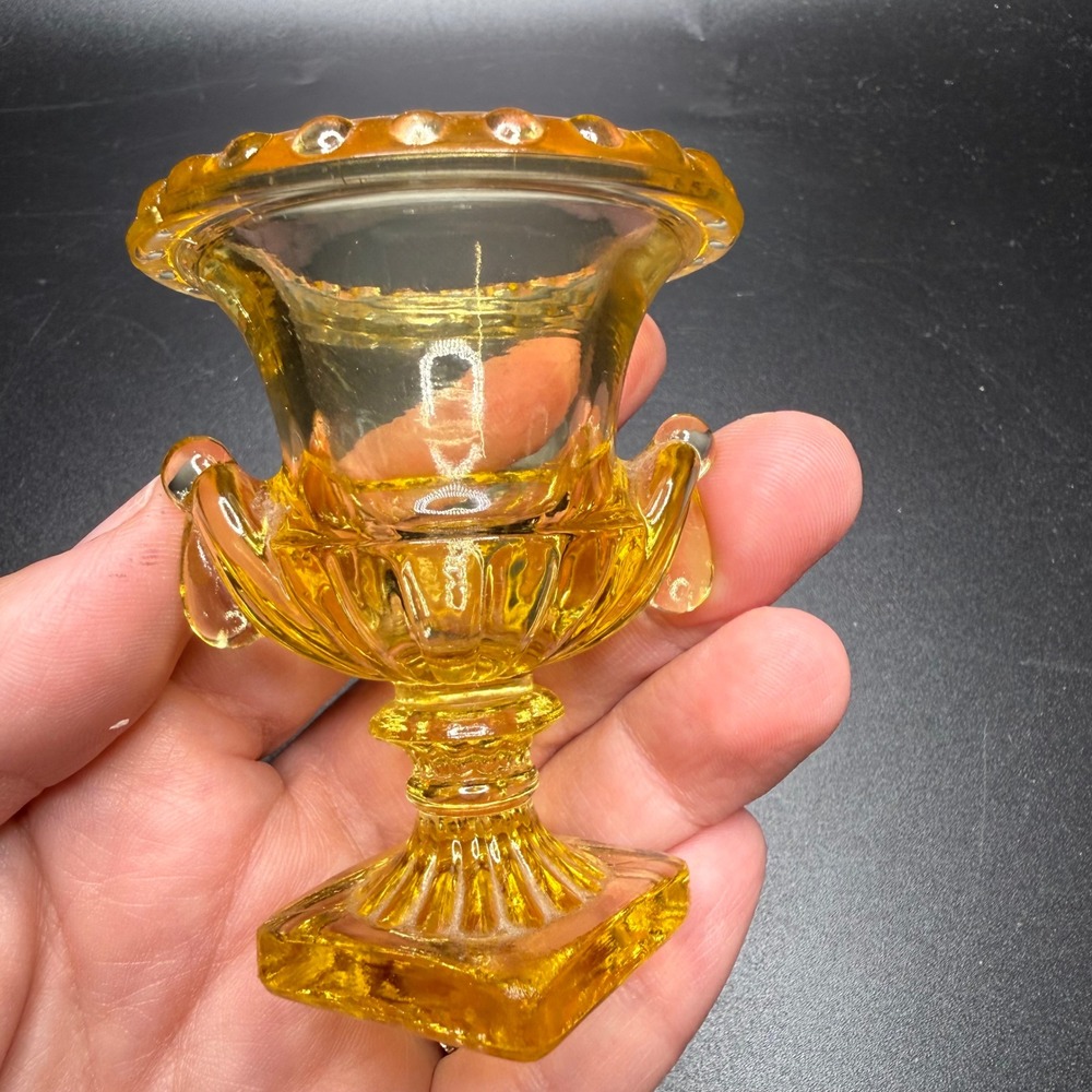 Vintage Amber Glass Toothpick Holder Miniature Urn Pedestal Beaded Rim Yellow